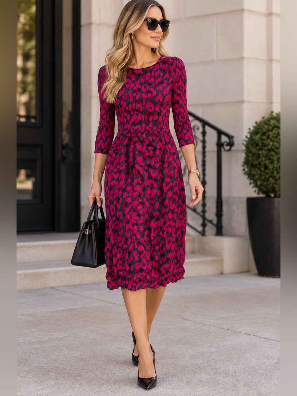 Alquema Pink Black Leopard Print Pleated Midi Dress 3/4 Sleeve 6/8 (1)